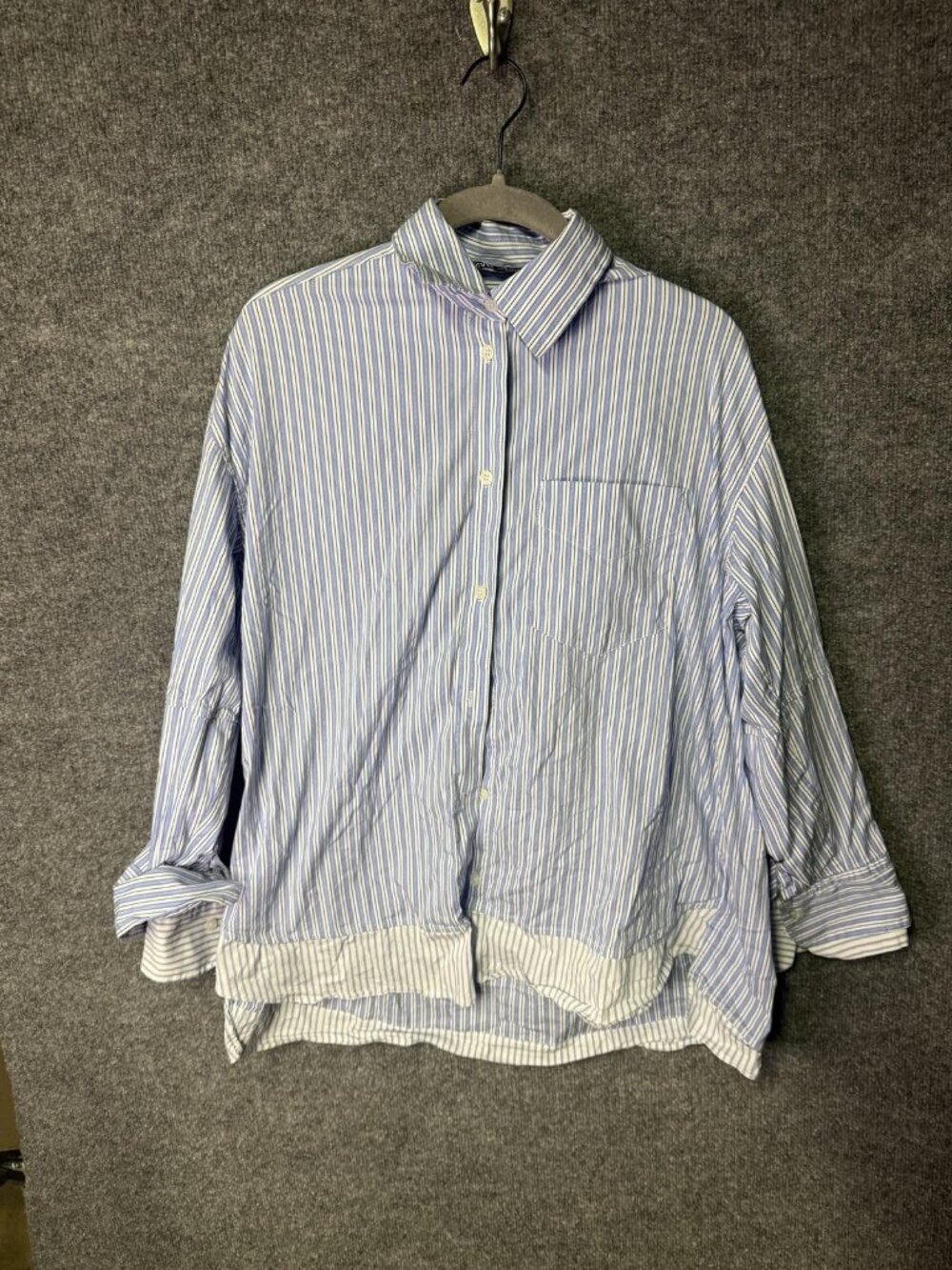 Zara Shirt Womens XS Blue Stripe Button Front High Low Hem Long Sleeve Top